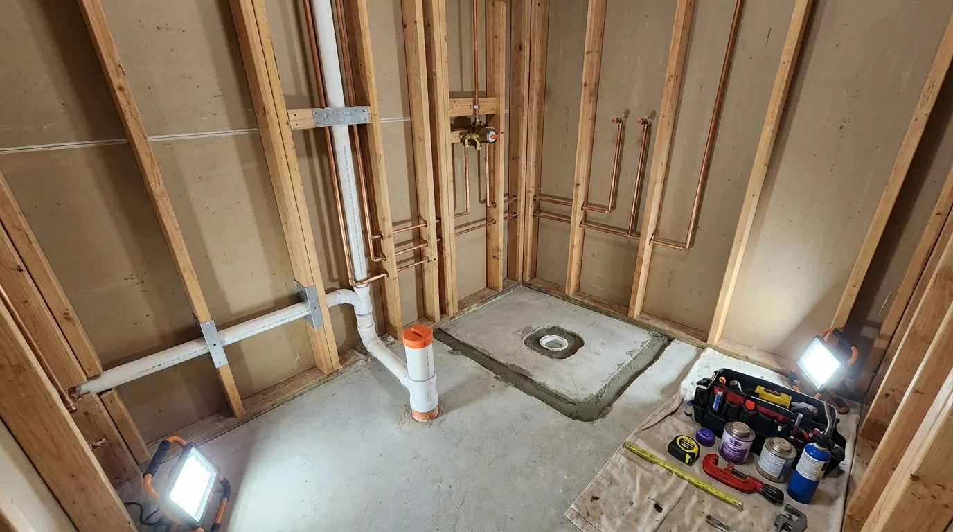 Bathroom rough-in plumbing during remodel by Johns Plumbing LLC in Matador