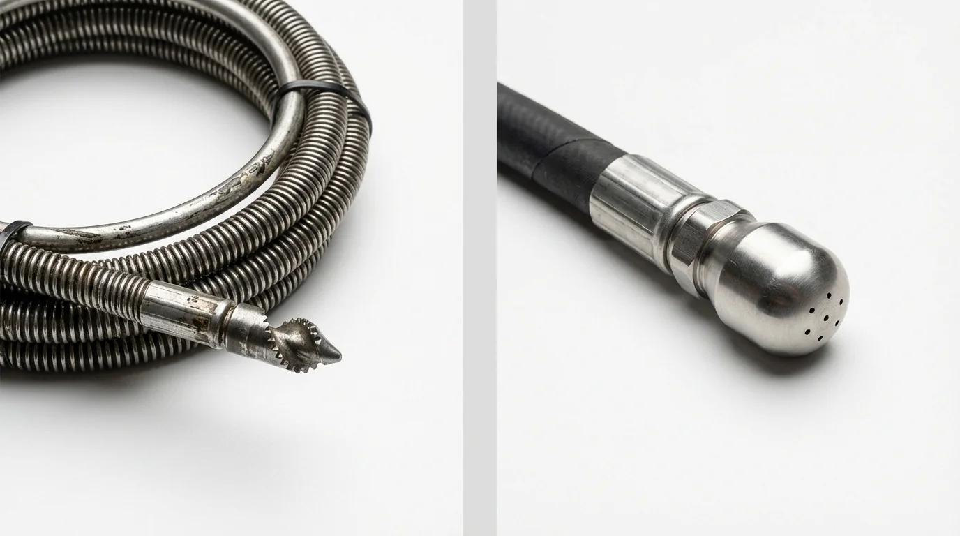 Drain snake cable and hydro jetting nozzle used for drain cleaning in Matador, TX