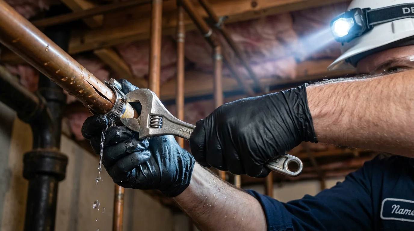 Emergency pipe clamp repair being performed by a Johns Plumbing LLC plumber in Matador