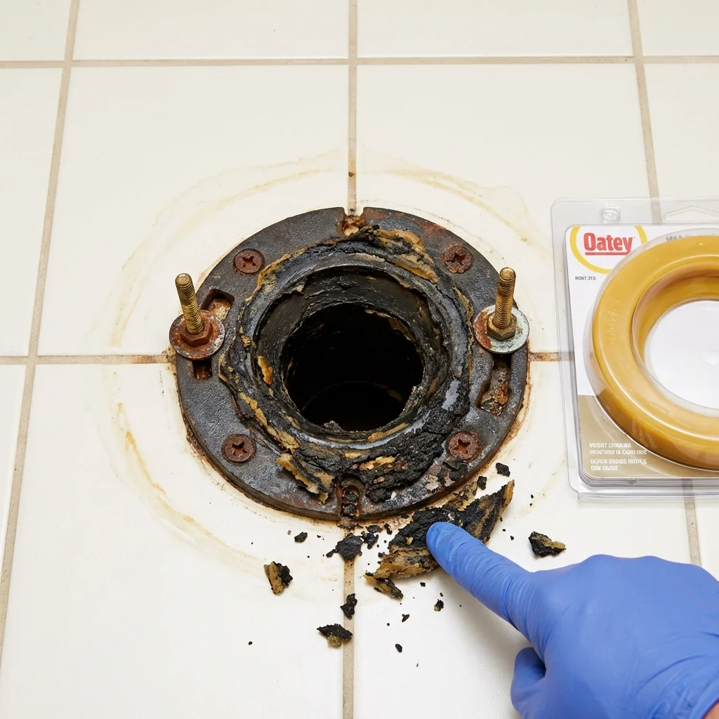 Failed wax ring showing water seepage at the base of a toilet in a Matador, TX home